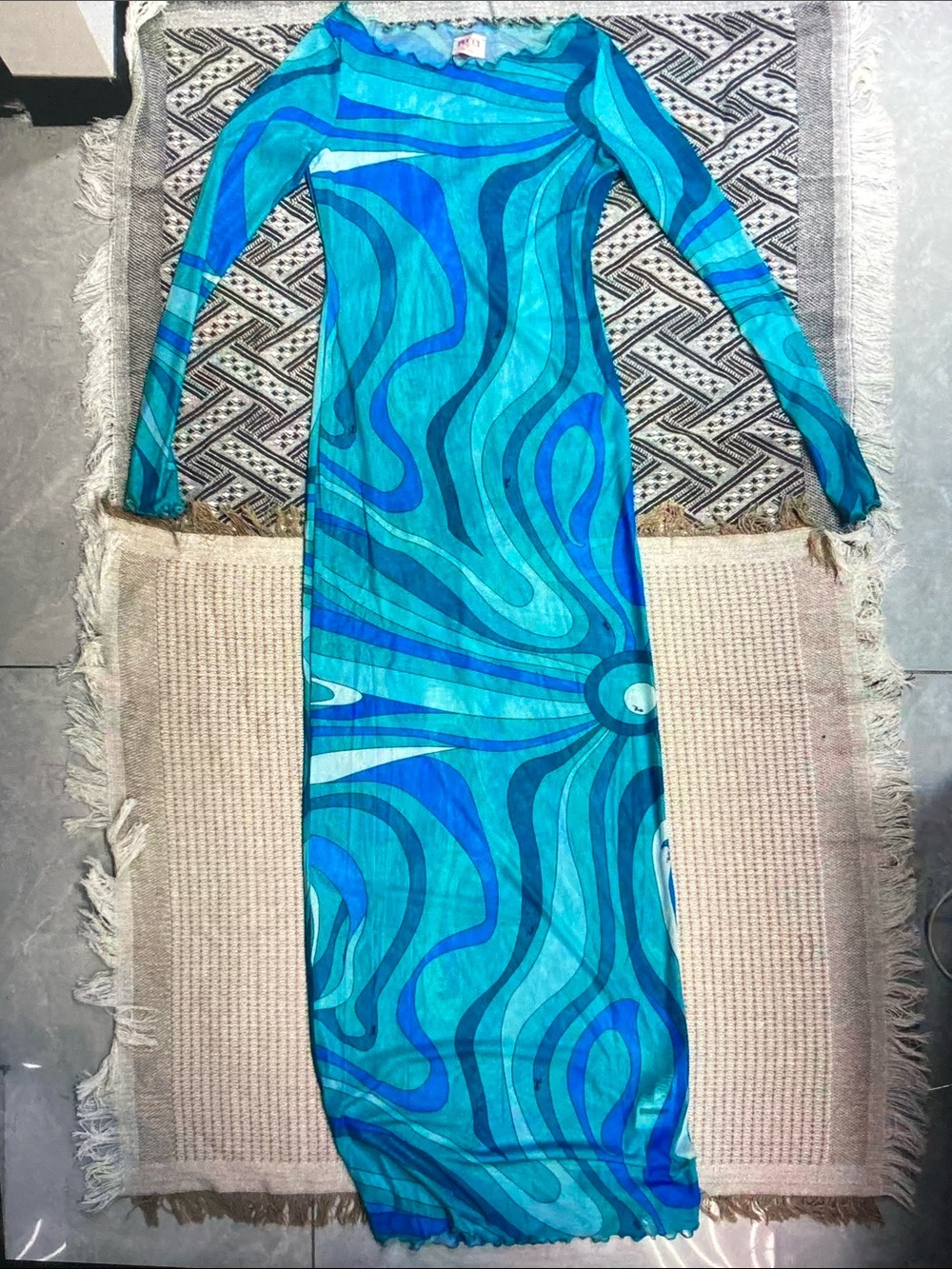 Emilio Pucci Turquoise and Blue Wave-Print Maxi Dress